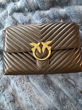 Pinko Quilted Black Leather Satchel with Gold Bird Ring
